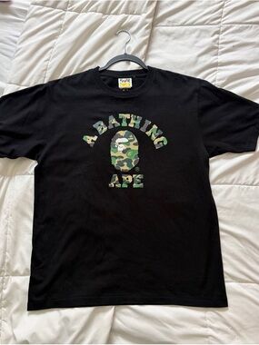 A Bathing Ape Black Tee with Green Camo Logo
